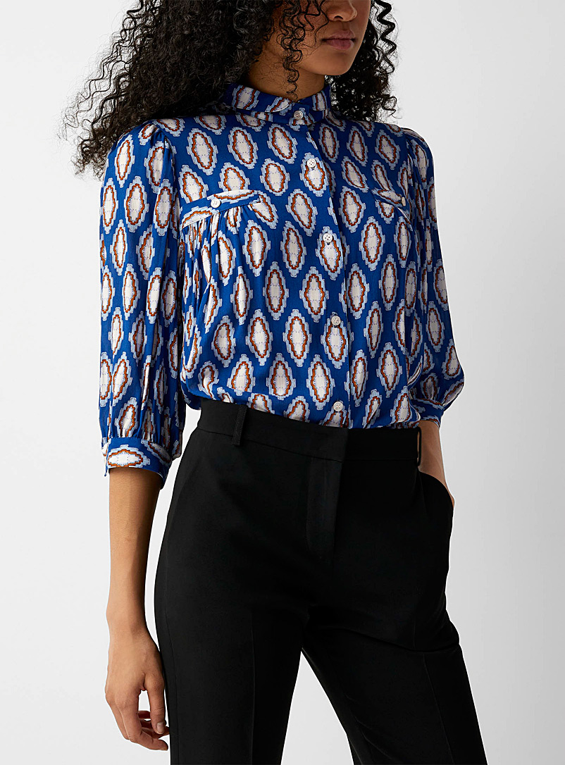 Smythe Patterned Blue Patterned flowy blouse for women