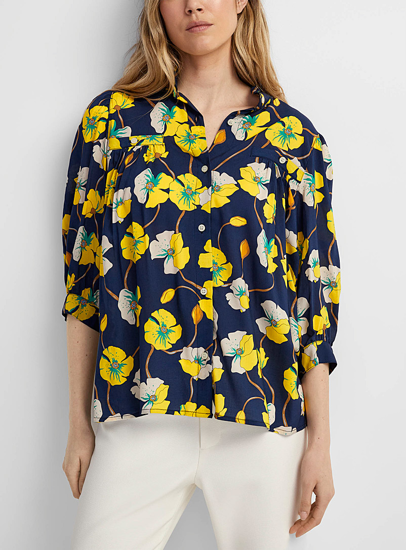 Smythe Patterned Blue Puff-sleeve gold buttons shirt for women