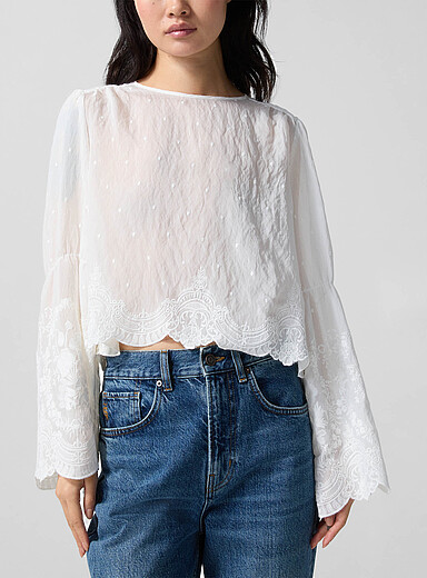 Smythe White Embroidered bell-sleeve blouse for women
