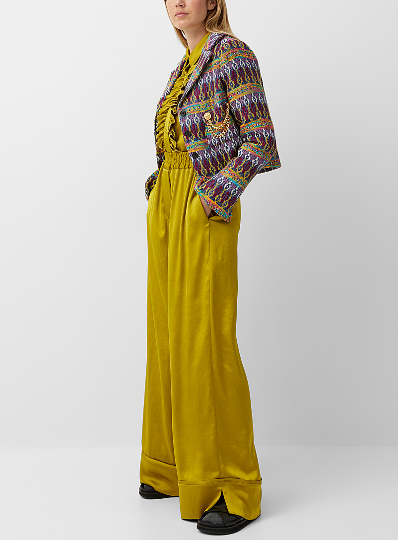 Smythe Bright Yellow Sewn-cuff satiny palazzo pant for women