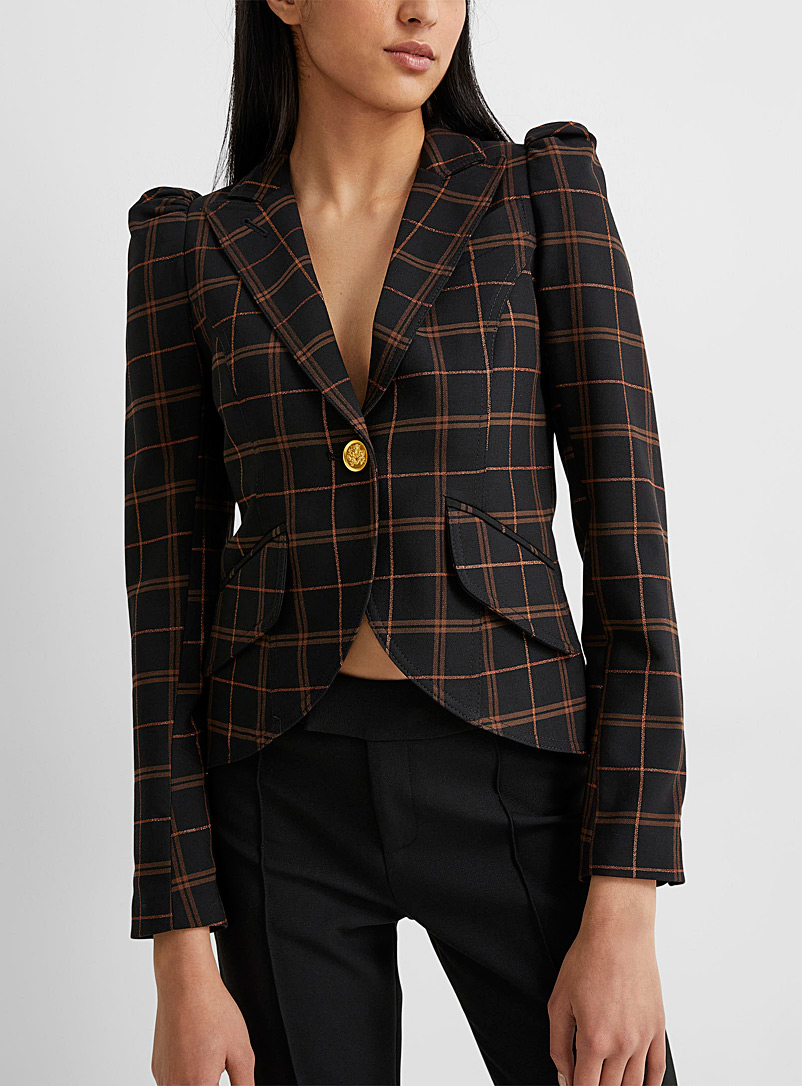 Smythe Patterned Black Puff-sleeve check jacket for women