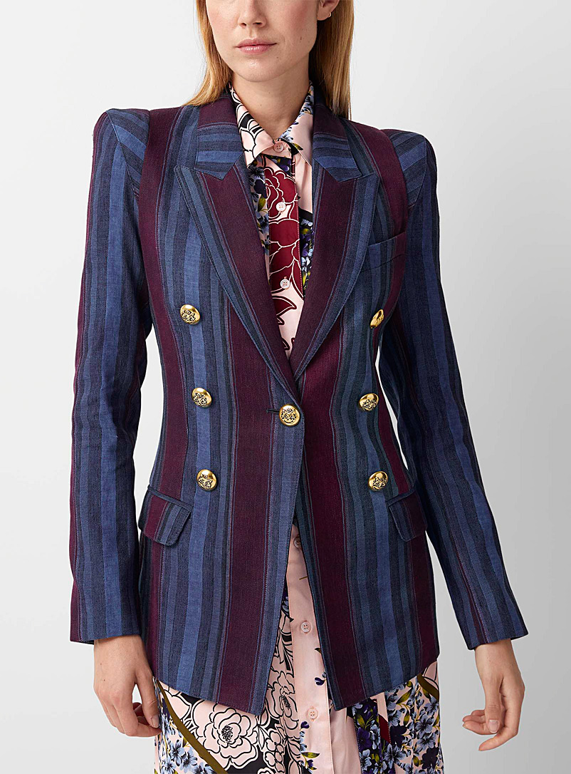 Smythe Patterned Blue Pagoda-shoulder non-crossover stripe linen blazer for women