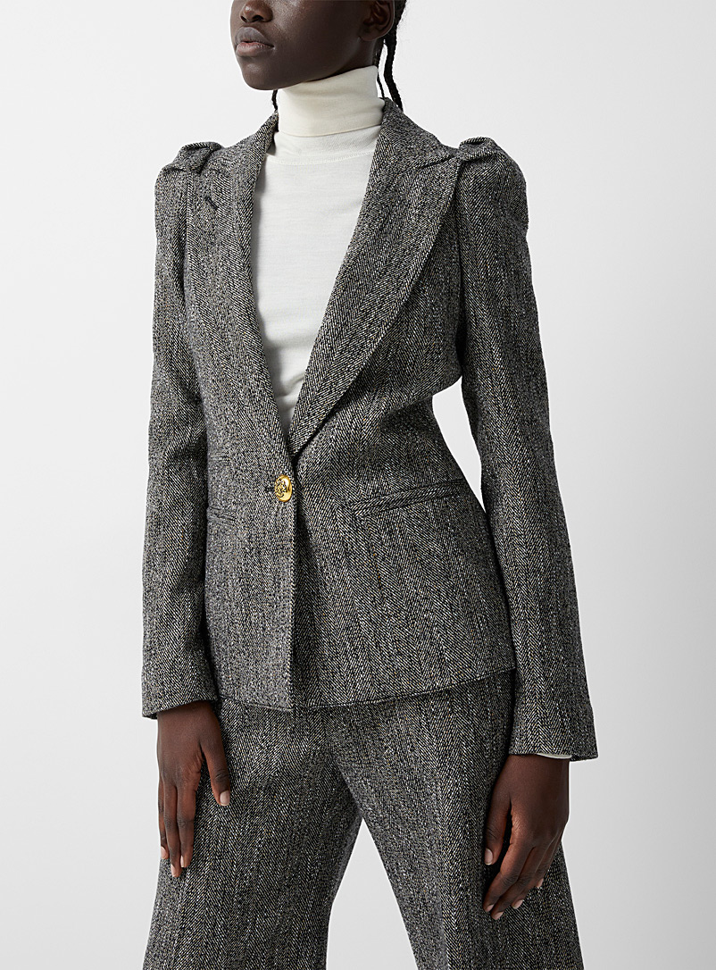 Smythe Patterned Brown Puff-sleeve tweed blazer for women