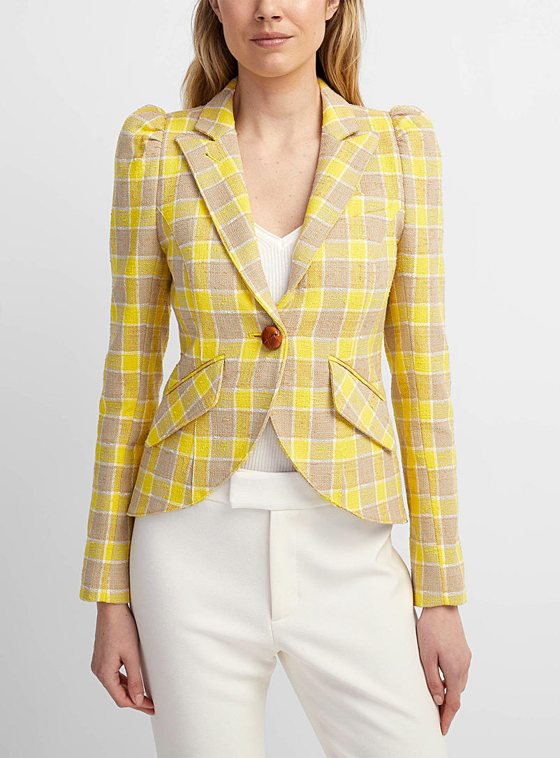 Smythe Lemon/Canary Yellow Puff-sleeve checkered blazer for women