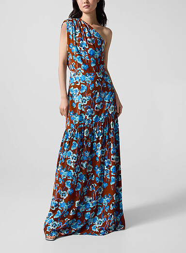 Smythe: La robe maxi asym&eacute;trique fleurs picturales Bleu &agrave; motifs pour femme