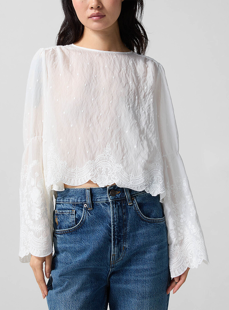 Embroidered Bell-Sleeve Blouse