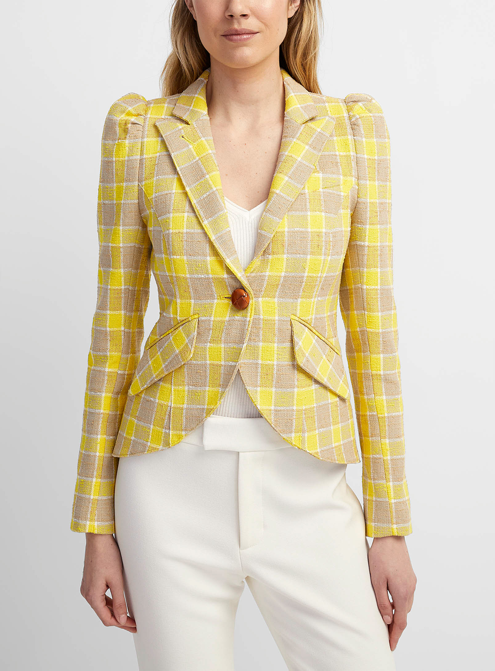 Smythe Puff-sleeve Checkered Blazer In Lemon/canary Yellow