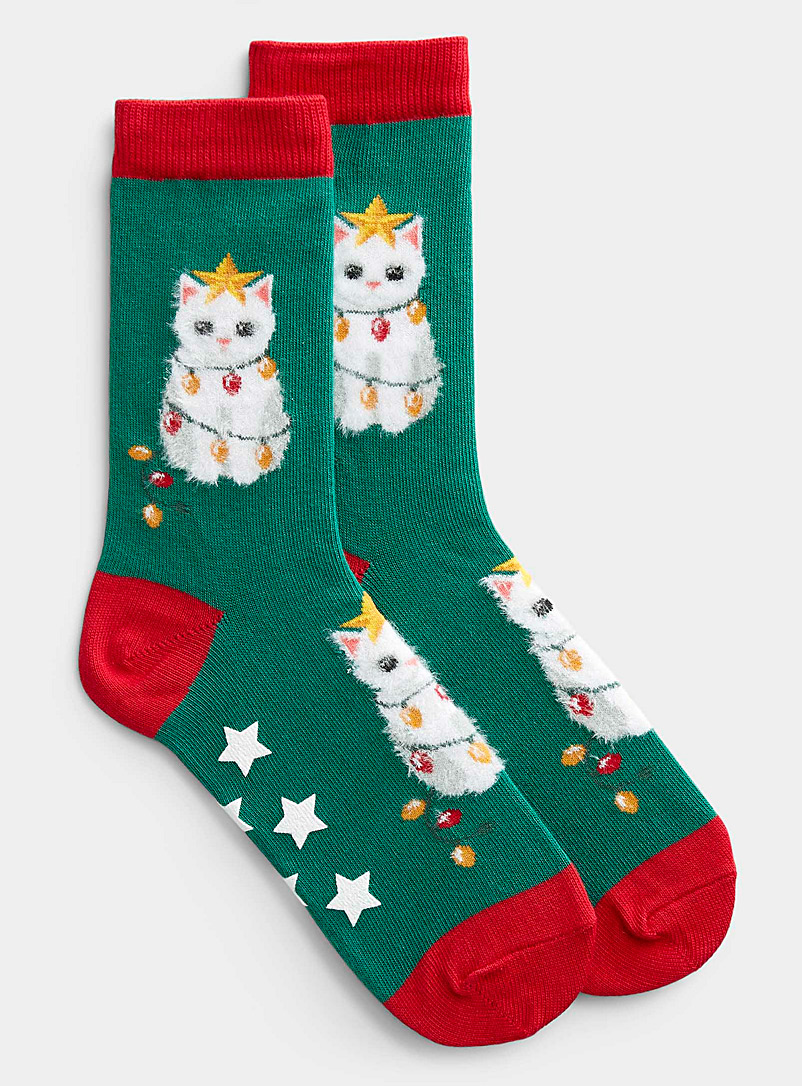 Hot Sox Patterned Green Christmas kitten sock for women