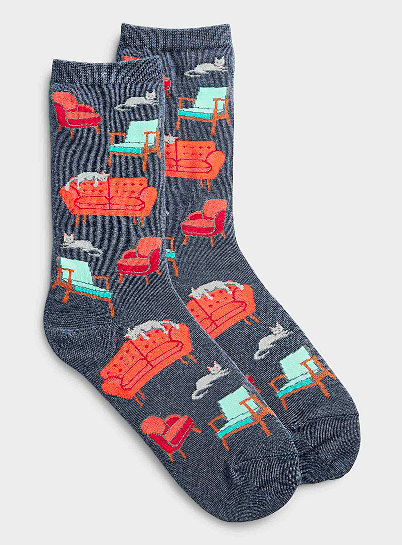 Hot Sox Patterned Blue Cats and sofas socks for women