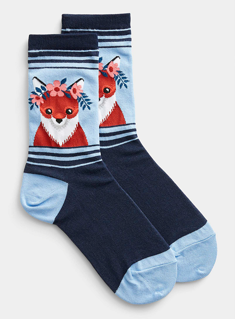 Hot Sox Blue Flower crown fox socks for women