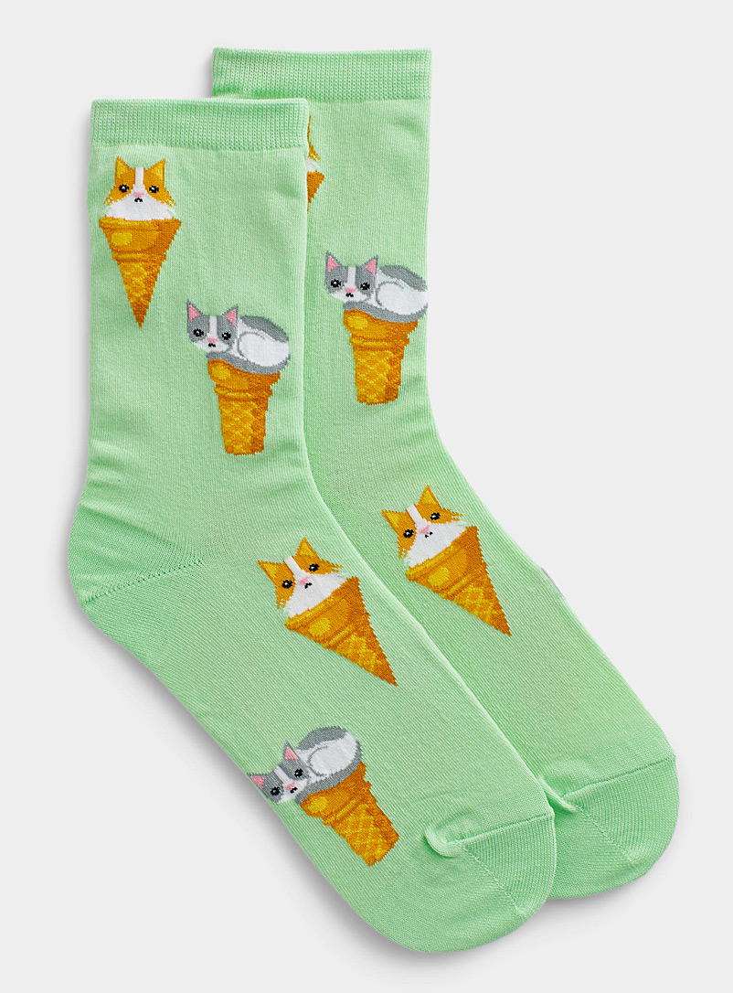 Hot Sox Lime Green Feline and ice cream sock for women