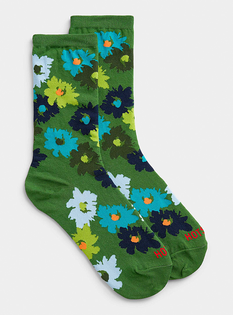 Hot Sox: La chaussette fleurs abstraites Vert foncé - Mousse pour femme