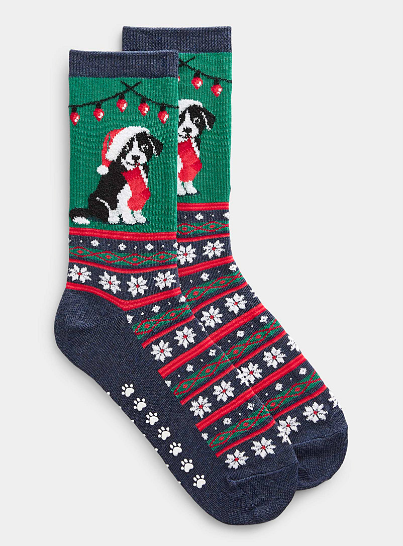 Hot Sox Green Puppy and snowflake sock for women