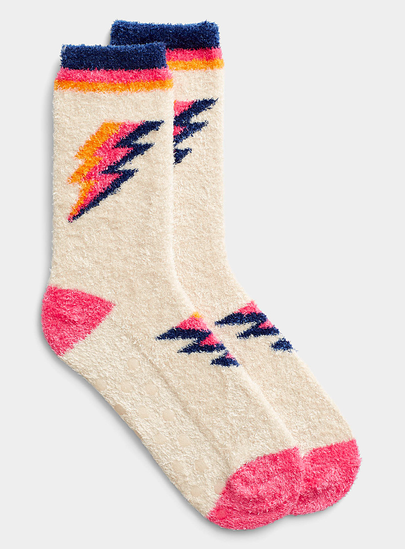 Hot Sox Patterned Ecru Colourful lightning bolt chenille knit sock for women