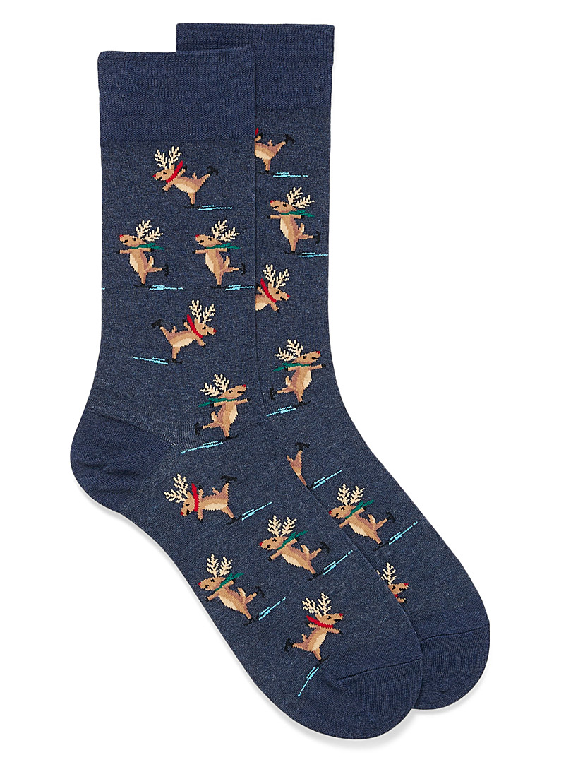 Hot Sox Slate Blue Skating reindeer socks for men