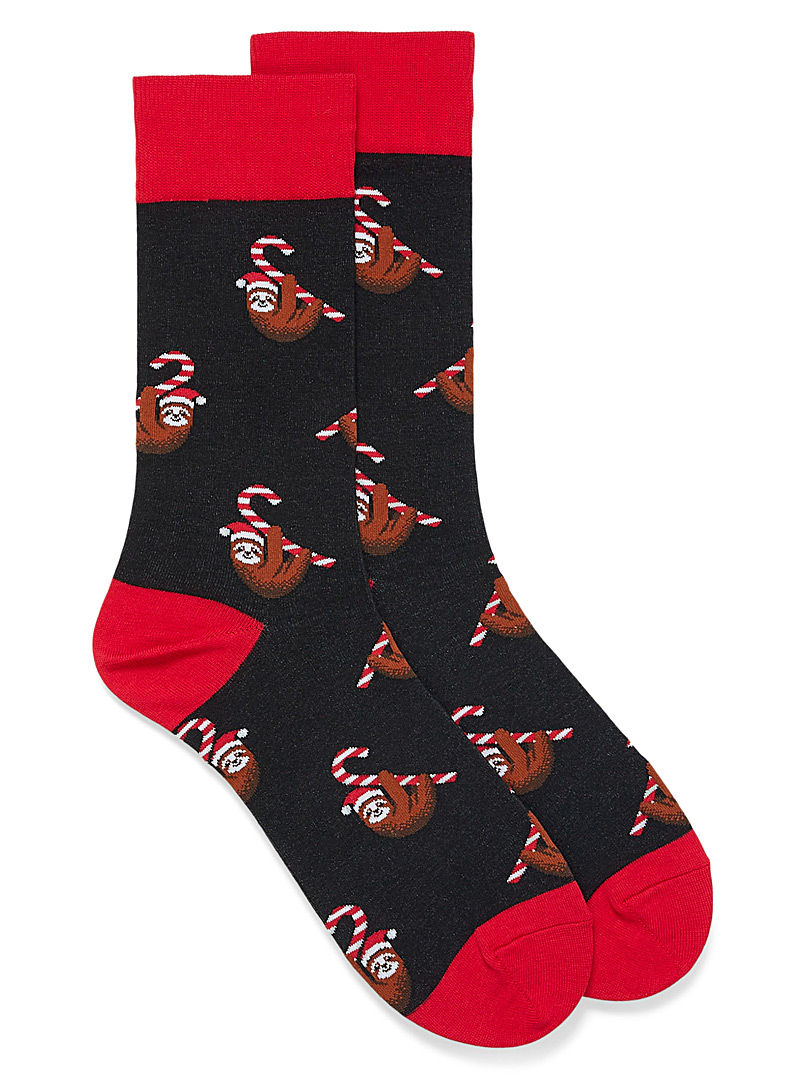Hot Sox Patterned Black Sloth and candy cane socks for men