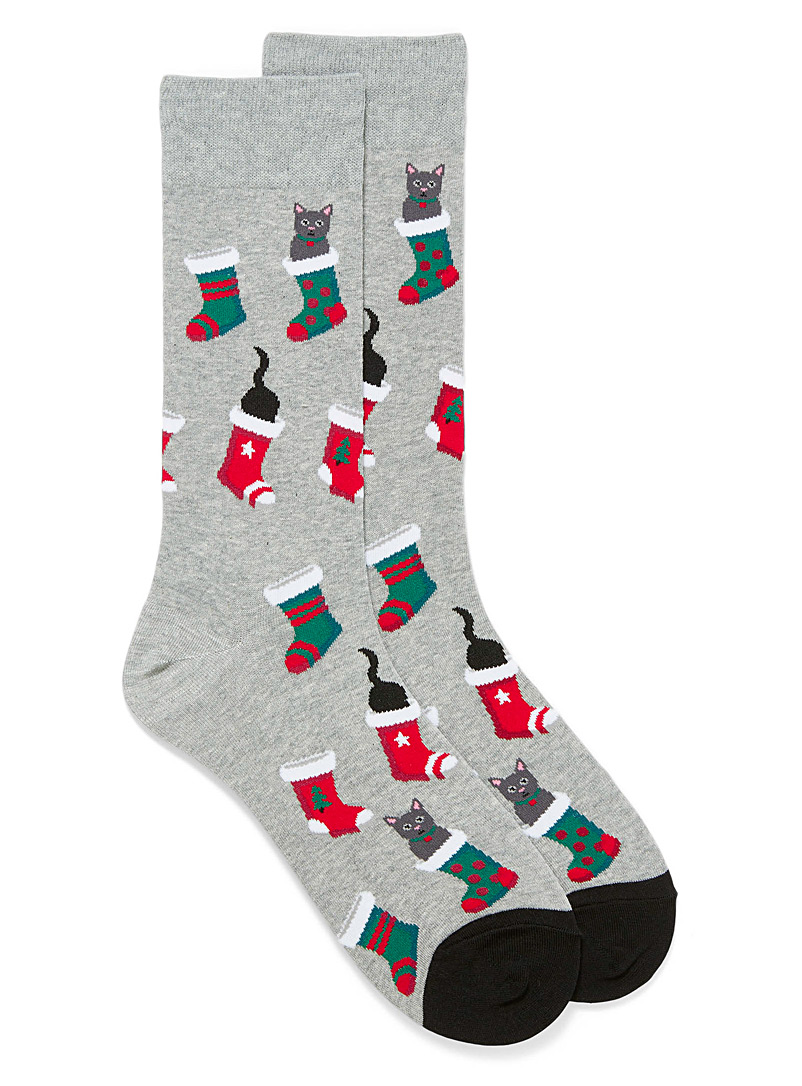 Hot Sox Patterned Grey Holiday cat socks for men