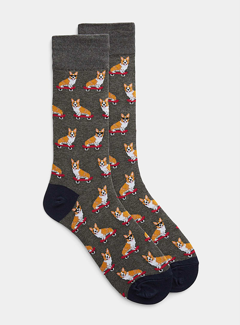 Hot Sox Patterned Grey Rolling corgis socks for men