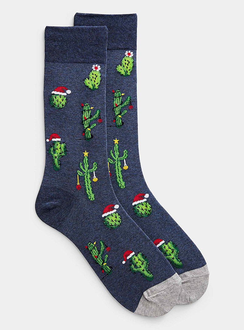 Hot Sox Patterned Blue Christmas cactus sock for men