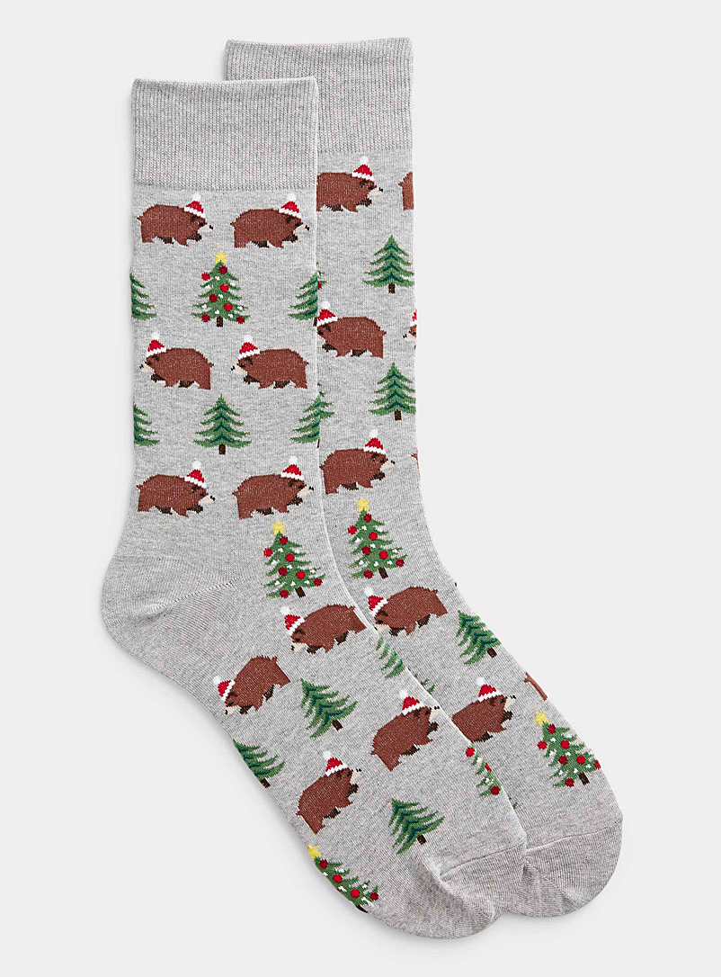 Hot Sox Patterned Grey Christmas bear sock for men