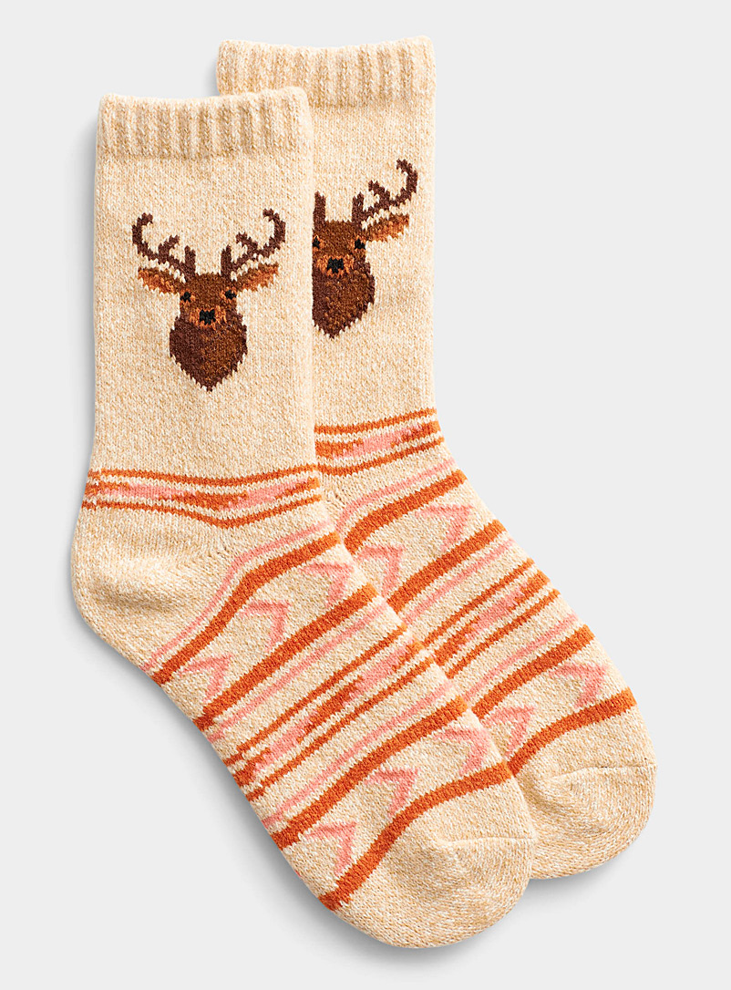 Hot Sox Patterned Ecru Deer chenille knit sock for women