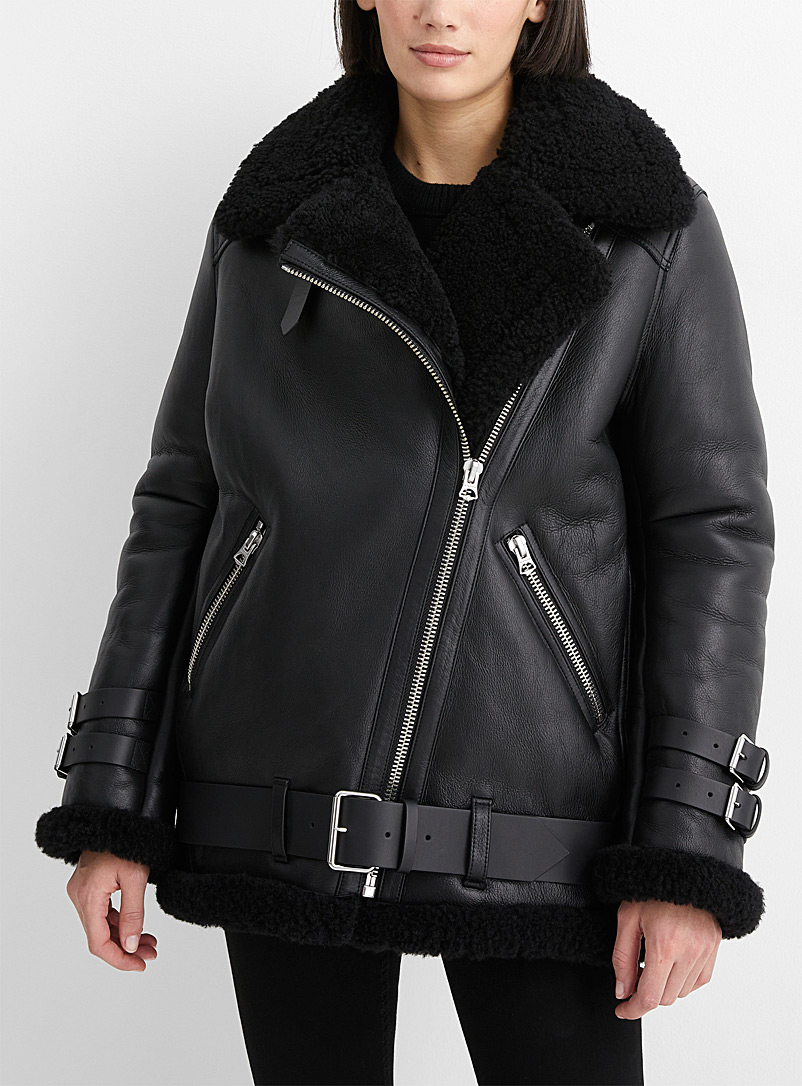Acne Studios Black Black sheepskin aviator-style biker jacket for women