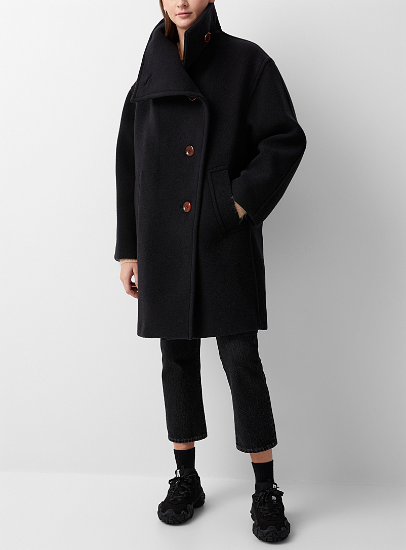 Acne Studios: Le manteau en laine boutons asymétriques Noir pour femme