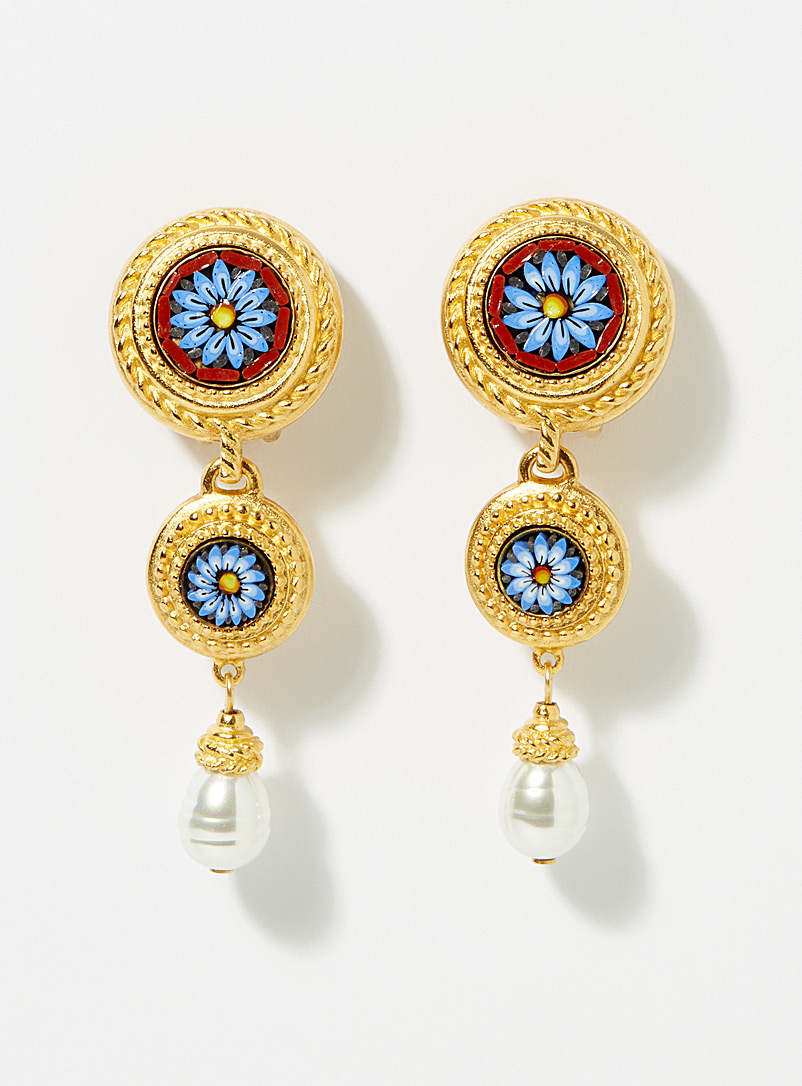 Ben-Amun Patterned Yellow Floral and pearl mosaic earrings for women