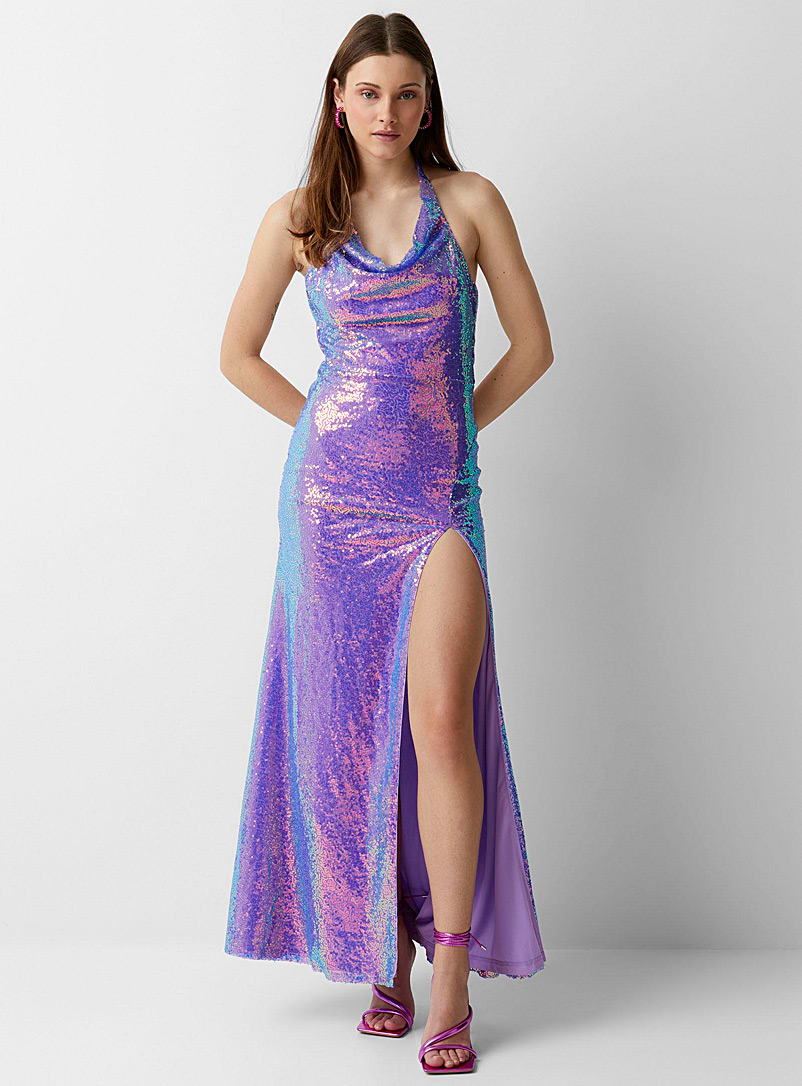 Twik Mauve Ultraviolet sequin draped collar dress for women