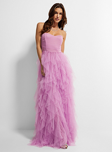 Icône Pink Tulle cascade bustier maxi dress for women