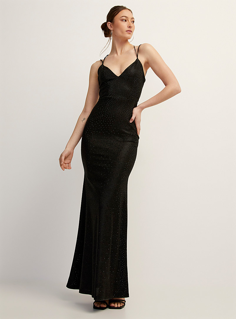 Icône Black Crystal rain maxi glittering dress for women