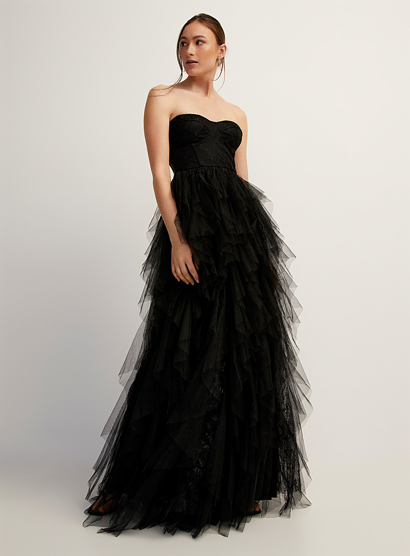 Icône Black Tulle tiers lace bustier maxi dress for women