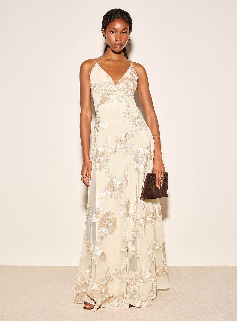 Long satiny-flower micro-mesh dress product image (primary)