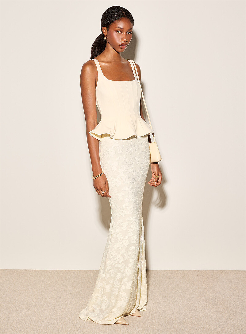 Flocked details long peplum-waist dress product image (primary)