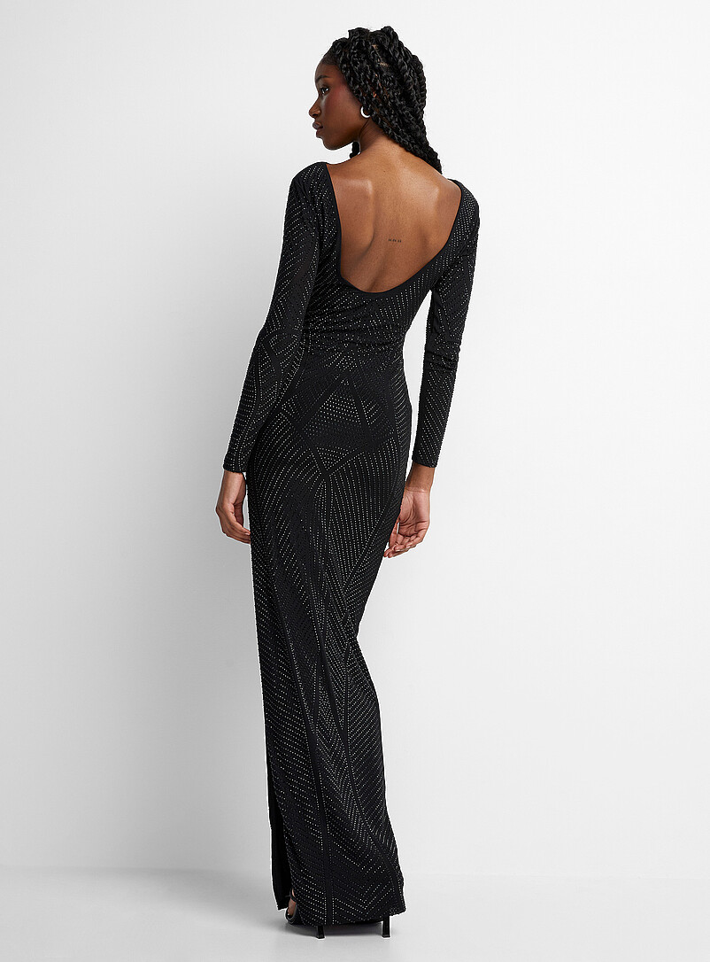Tone-on-tone crystals long black dress product image 3