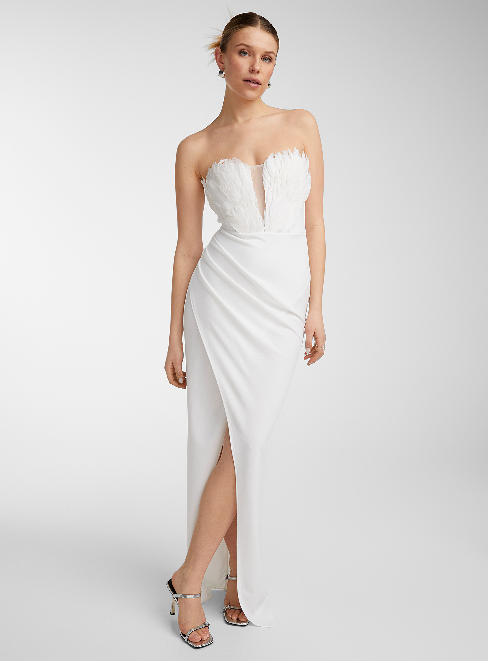Icone Feathered Bustier Long White Dress