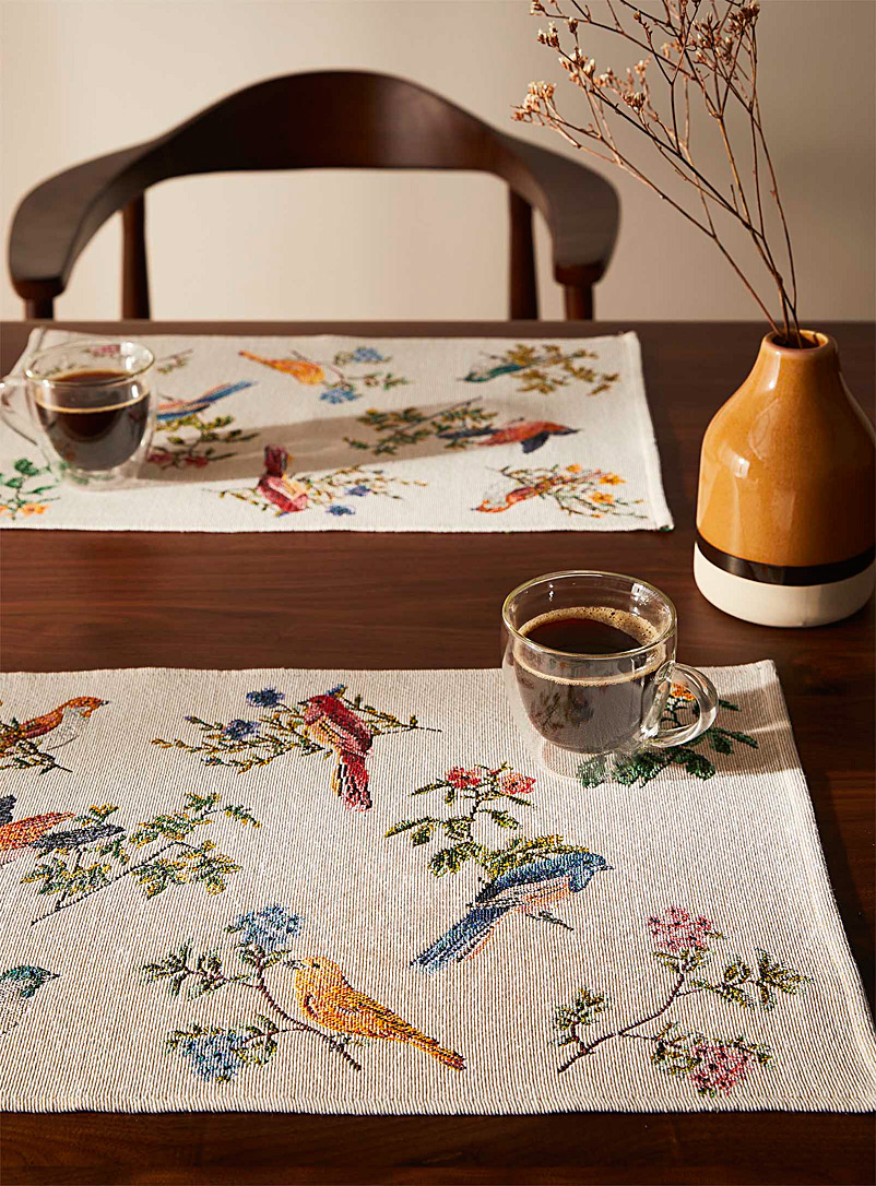Simons Maison Patterned Ecru Colourful birds tapestry placemats Set of 2