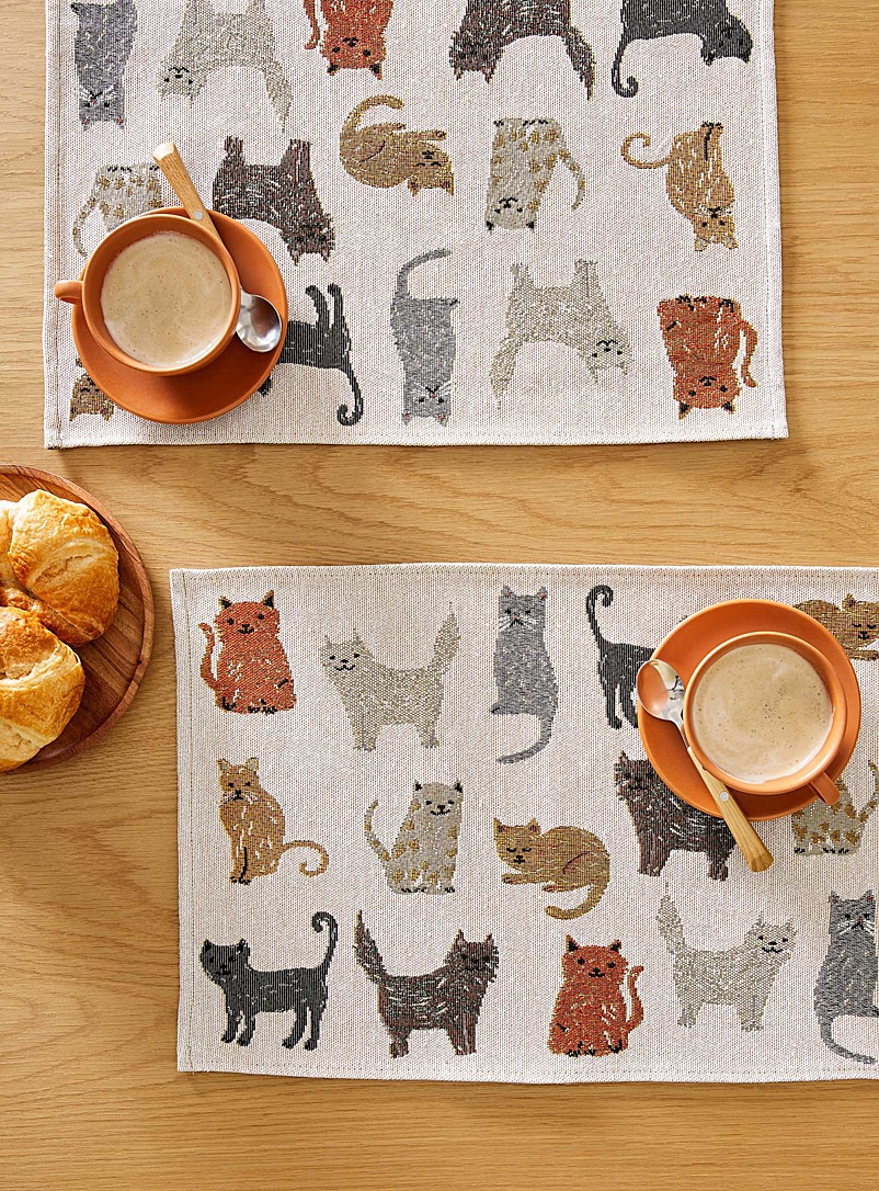 Simons Maison: Les napperons tapisserie chats joyeux Ensemble de 2 Écru à motifs