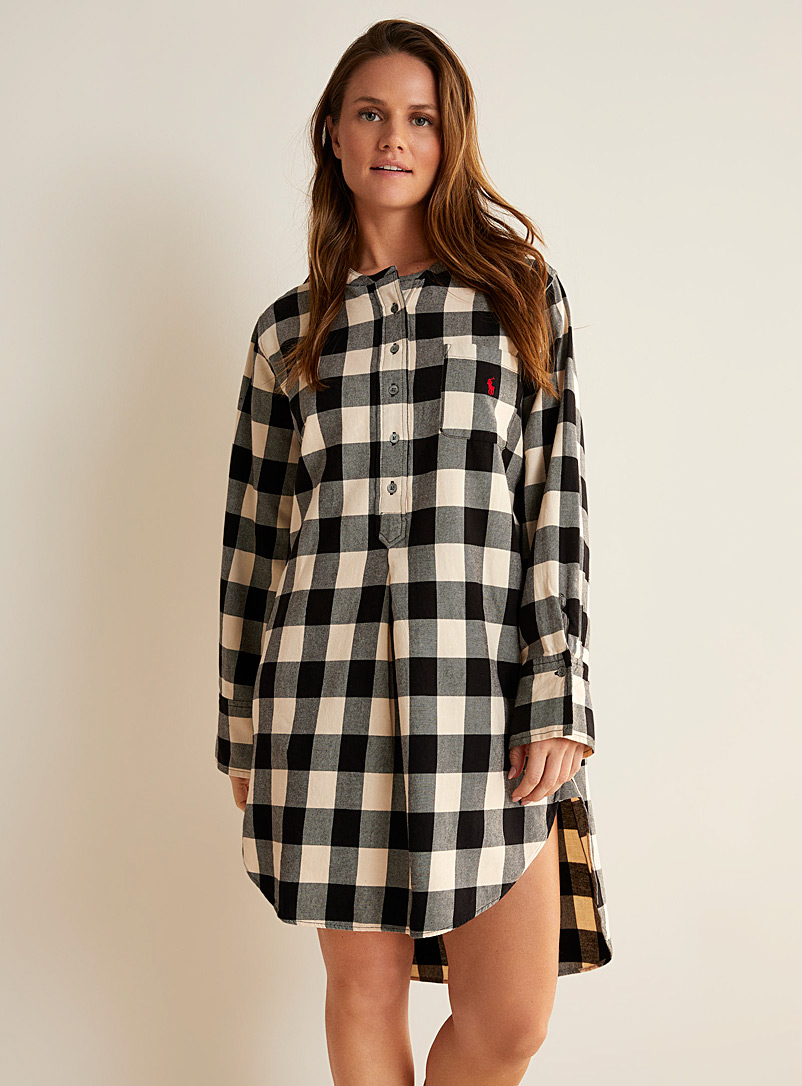 Polo Ralph Lauren White Beige-and-black checkered flannel nightshirt for women