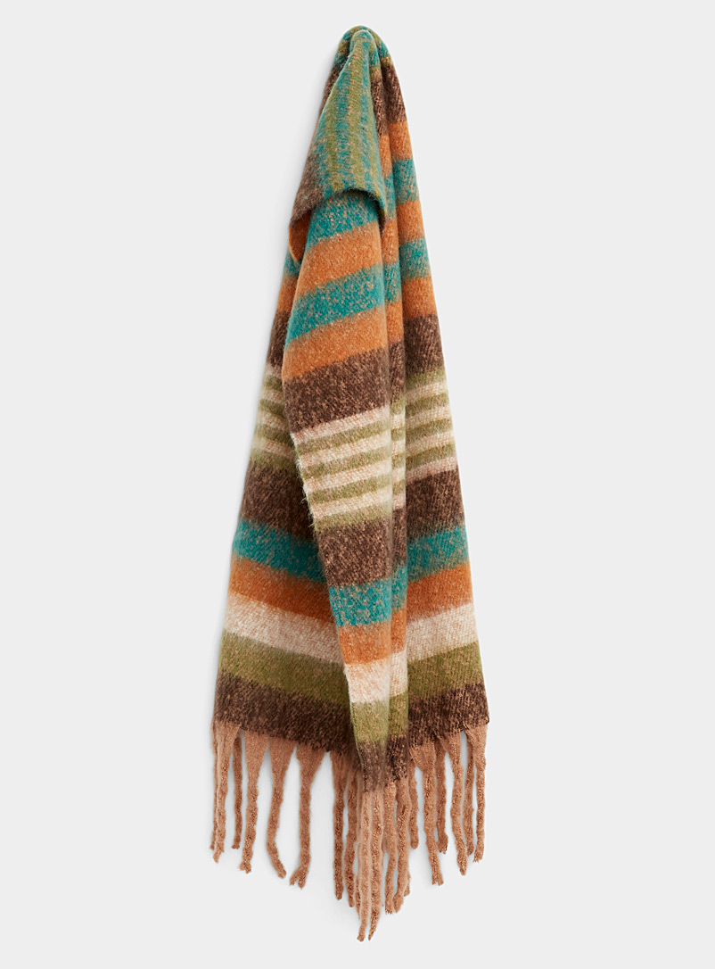 Simons Patterned Green Wide stripe bouclé knit scarf for women