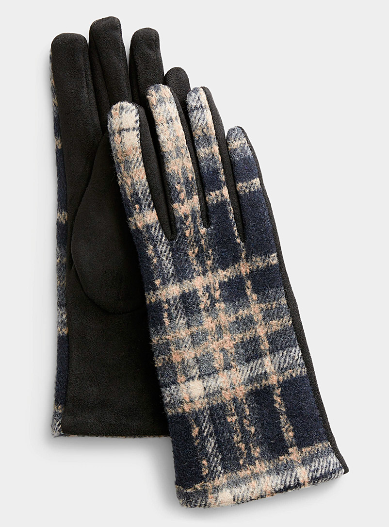 Simons: Le gant tartan paume façon suède Noir à motifs pour femme