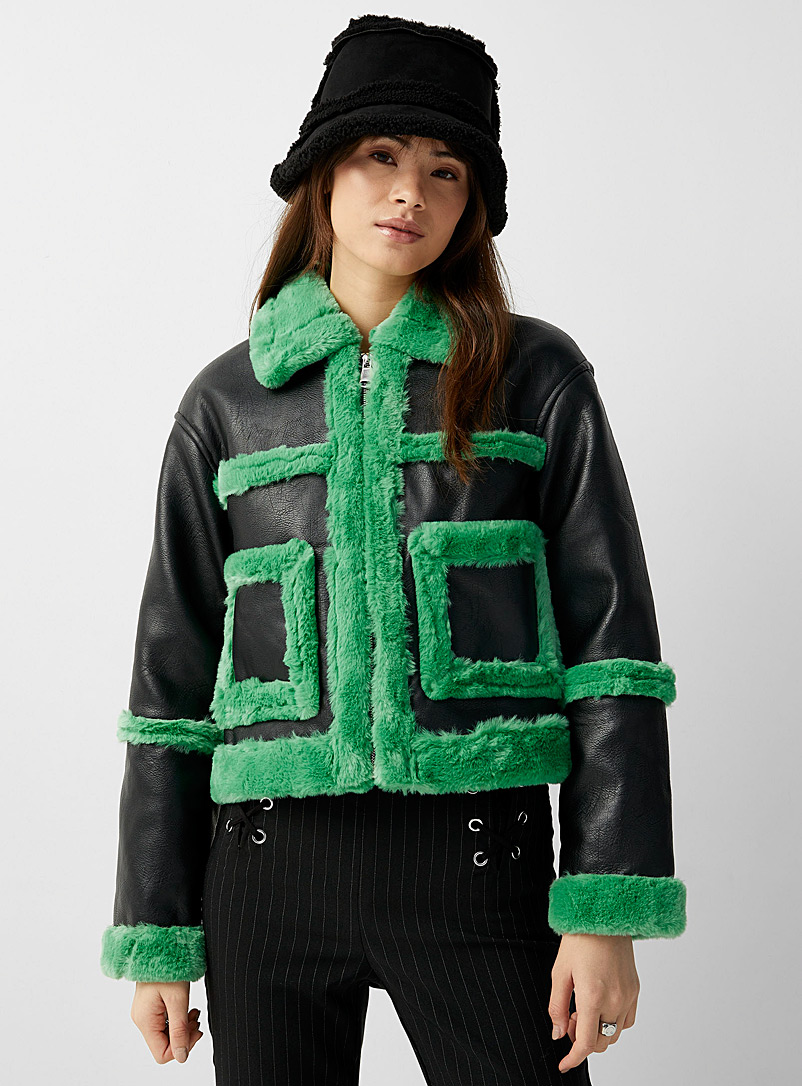 Twik Patterned Black Green fur edging jacket for women