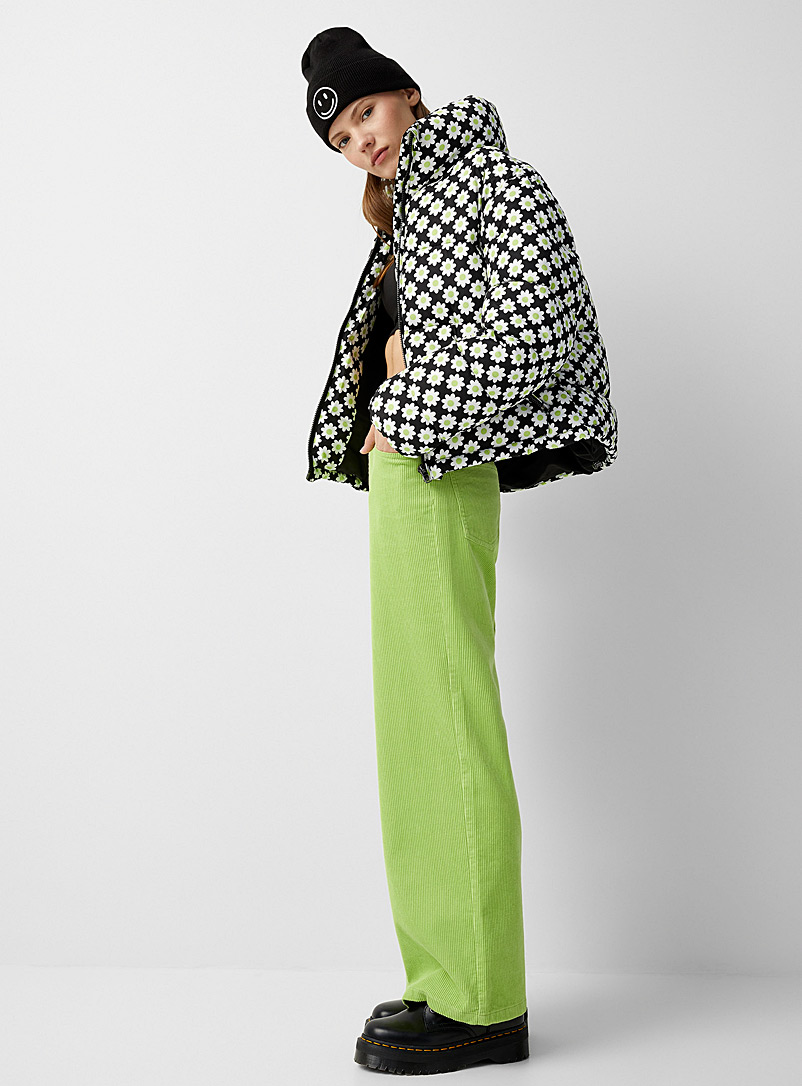 Glamorous Patterned Black Lime flowers puffer jacket for women