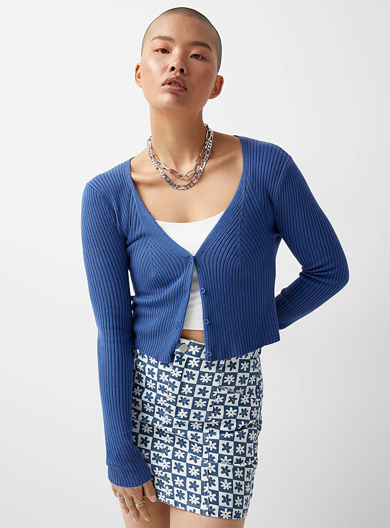 Glamorous Blue Buttoned V0neck rib-knit cardigan for women