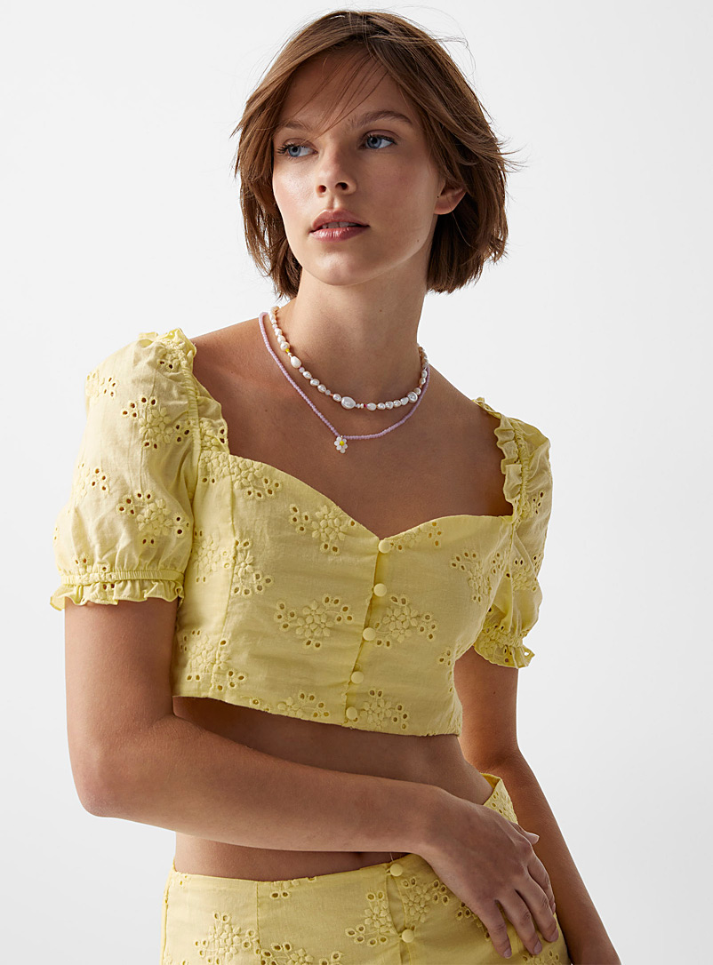 Glamorous Golden Yellow Broderie anglaise puff-sleeve blouse for women