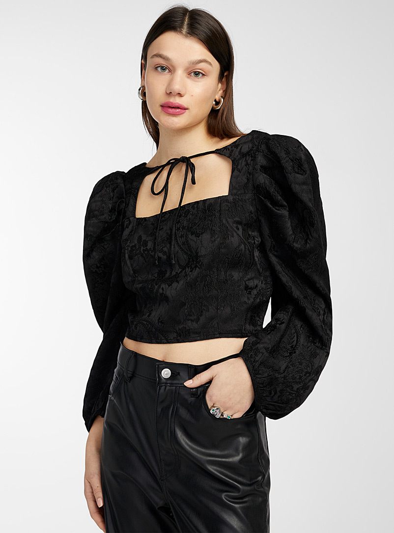 Glamorous Black Blouson-sleeved brocade bustier blouse for women