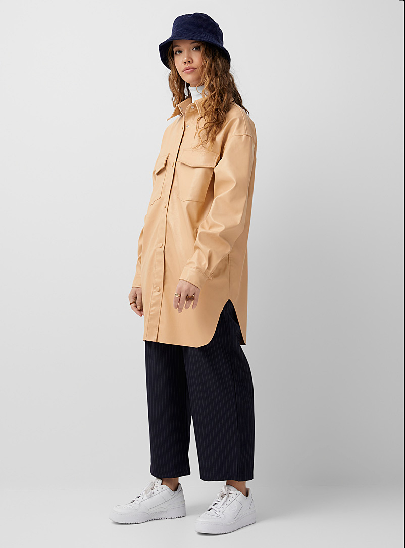 Glamorous Ecru/Linen Faux-leather utilitarian long shirt for women