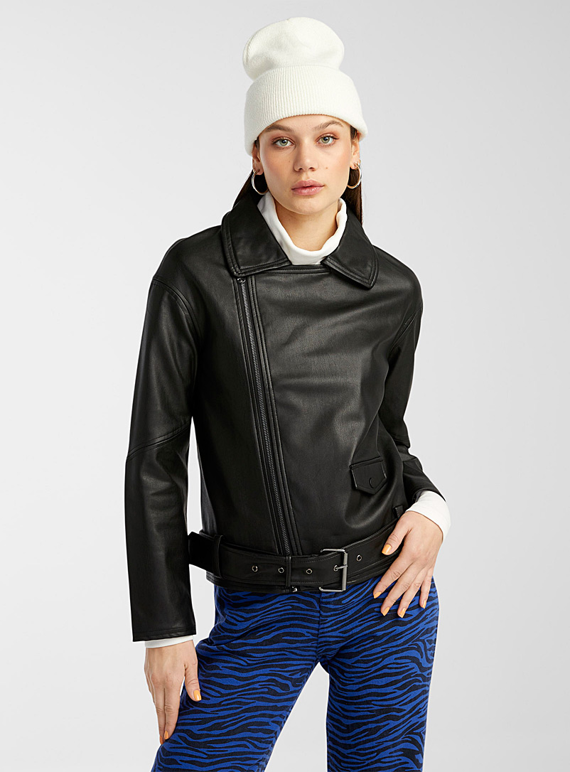 Glamorous Black Diagonal zip faux-leather biker jacket for women