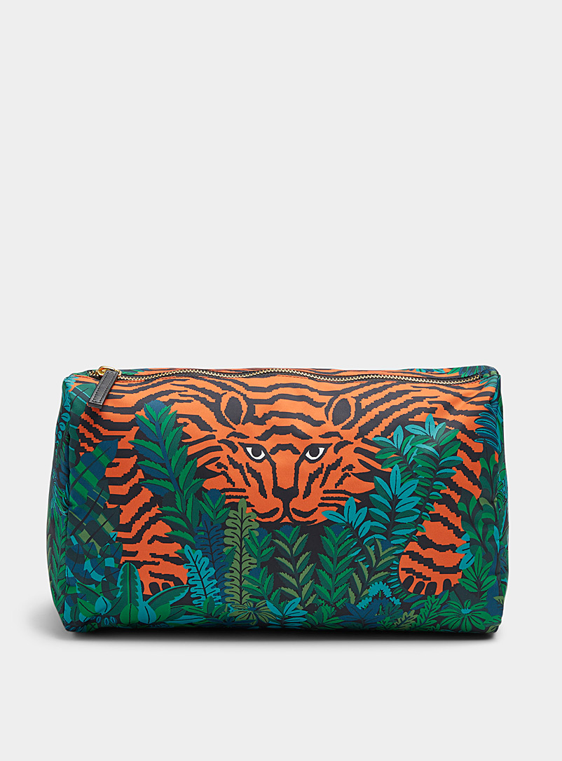 Inoui Editions Patterned Green Tiger and exotic foliage pouch for women