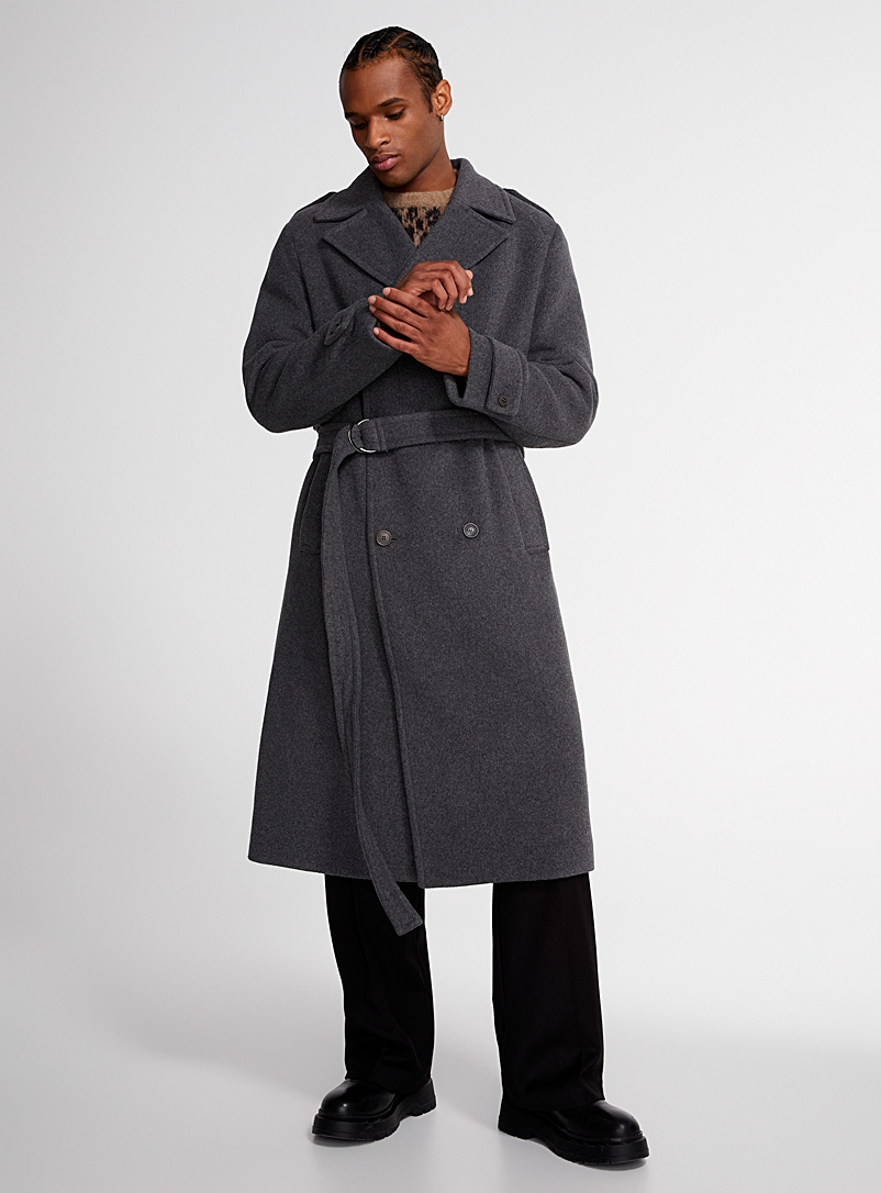 Drykorn Grey Double-breasted belted overcoat for men